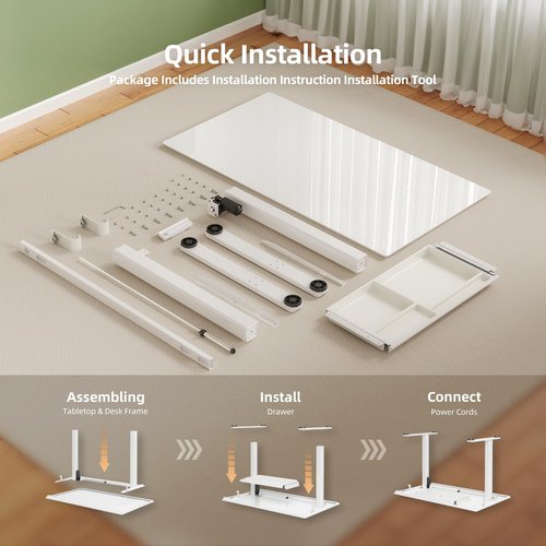 INNOVAR Glass Standing Desk with Drawers, 48×24 Inch Adjustable Stand Up Desk Quick Install Home Office Computer Desk, White