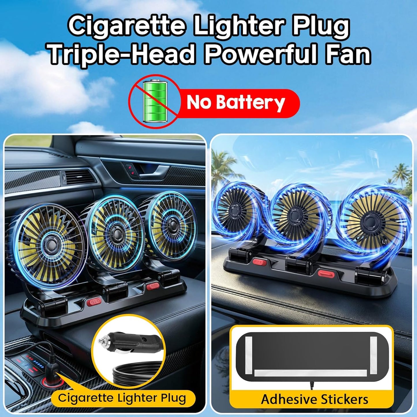 Skiennix Portable 3-Head Car Cooling Fan - Efficient Vehicle Air Circulation | Cigarette Lighter Plug
