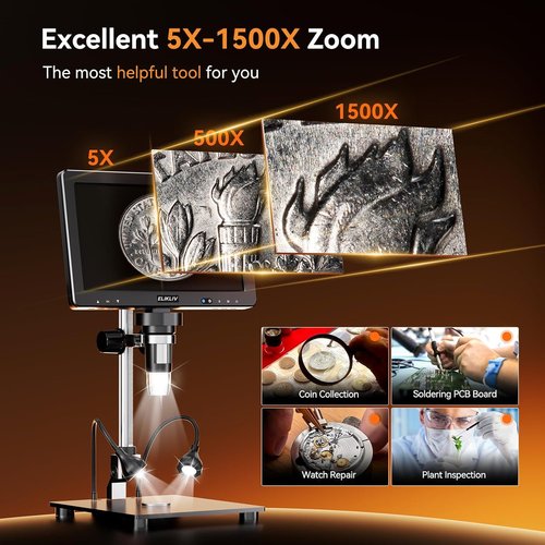 Elikliv EDM9 Max Digital Microscope - 20MP 1500X HD IPS Coin Magnifier with 10.1" Screen & Light