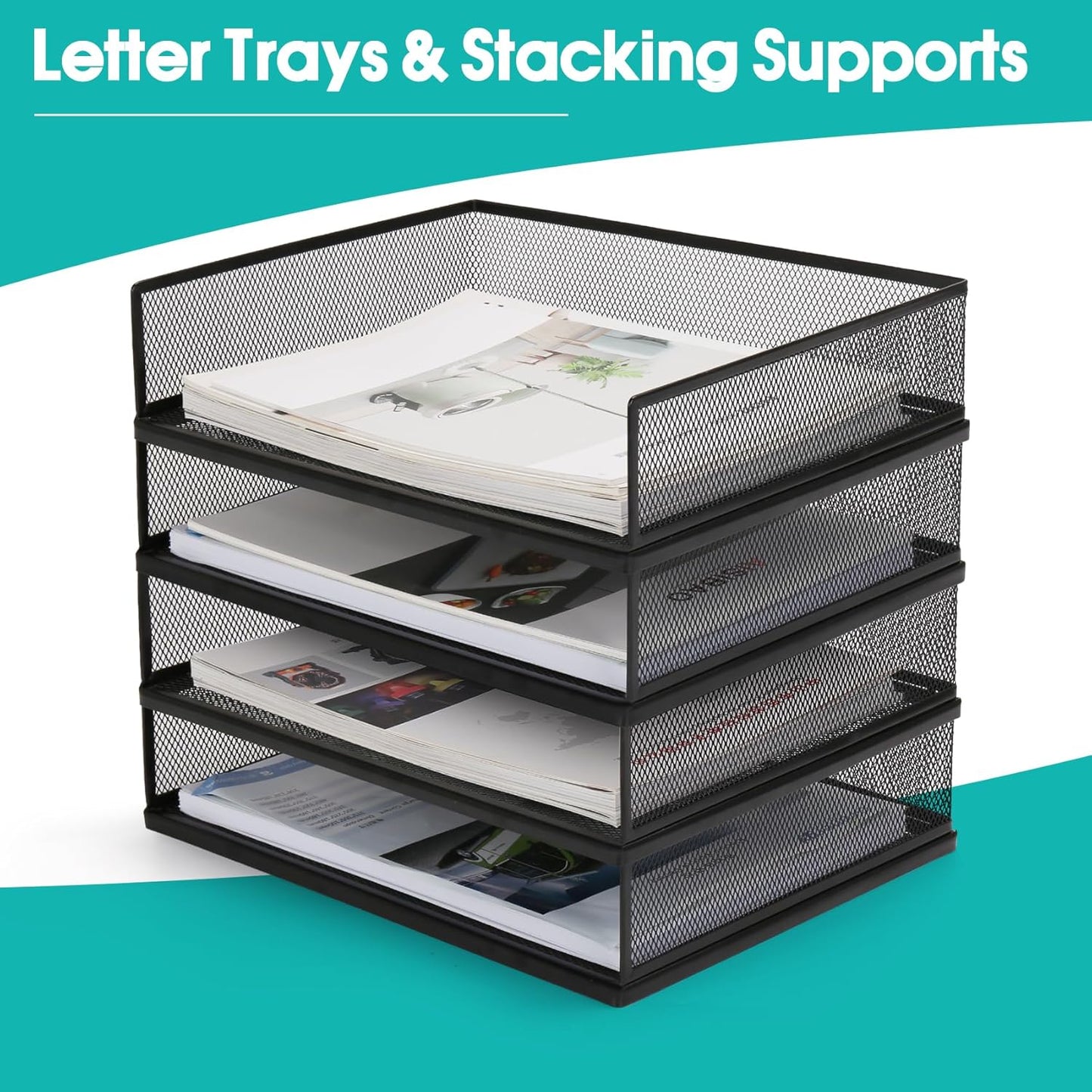 Wire Mesh Letter Trays - Stackable Metal Desk File Organizer for Office Supplies | 2 Pack