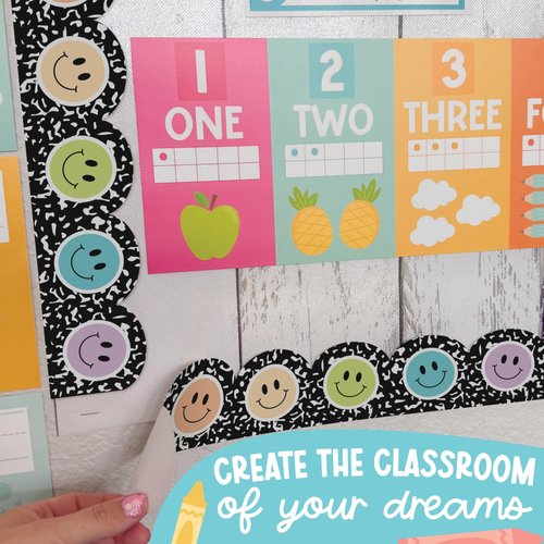 50ft Bulletin Board Borders Trim - Classroom Borders for Bulletin Board Decorations, Teacher Supplies for Classroom Decor Preschool, Kindergarten & Elementary, Smiley Scalloped Boarders