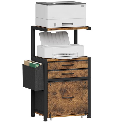 HIGDBFE 3-Drawer File Cabinet, Filing Cabinet with 2-Tier Printer Shelves, Office Cabinets with Side Bag&File Drawer for A4/Letter Size, Printer Stand with Storage for Home Office, Rustic Brown