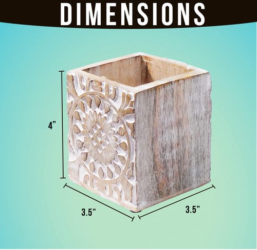 Mela Artisans Wooden Pen Jar (Whitewash), “Ajenta” Pen Holder for Desk – Wooden Desk Organizer, Art Supplies & White Pencil Cup for Office, & Home – Decorative Desk Supplies, 3.5” x 3.5” x 4”