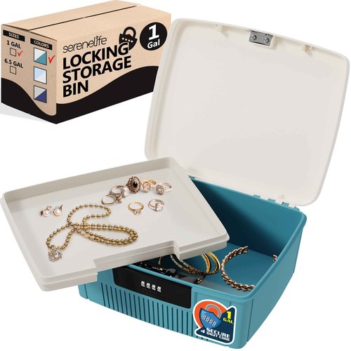 SereneLife Lockable Storage Container Bin, 1.6 Gallon Capacity Heavy Duty Storage Box with Combination Lock, Blue