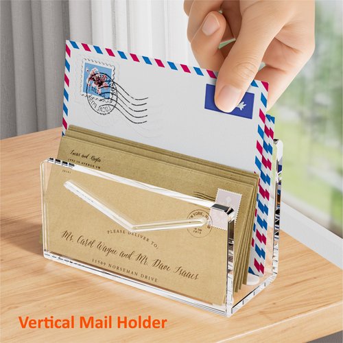 FUCDTEFC Acrylic Mail Holder, Clear Acrylic File Letter Organizer, Vertical Envelope Mail Holder for Desk, Lightweight Countertop Bill Holding Sorter Letter Invoice Stand for Home Office School