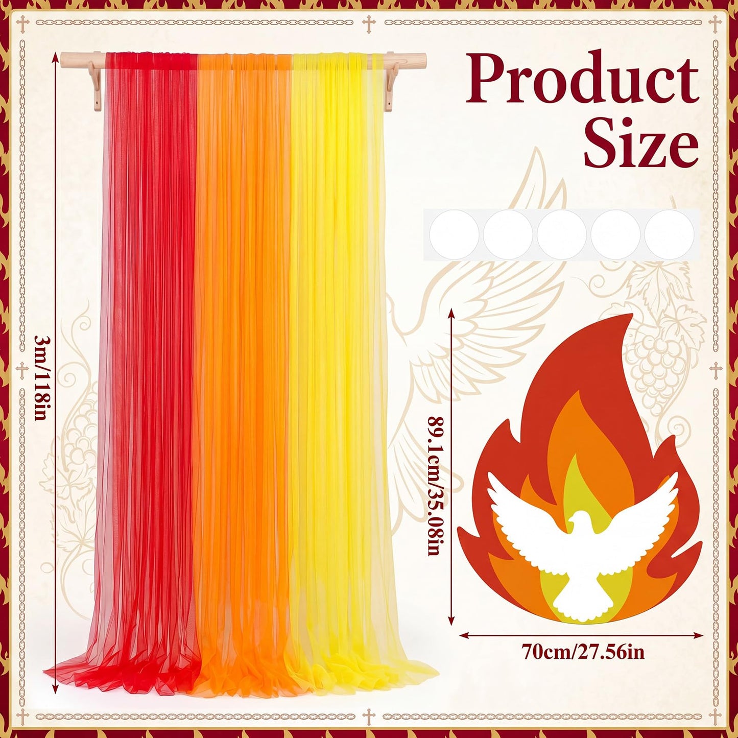 Zhengmy Pentecost Decorations Set- Red Yellow Orange Long tulle Photo Backdrop Drapes Dove Pigeon Flame Cutouts, Holy Spirit Religious Backdrop Supplies for Church Sunday School, Christian Holiday