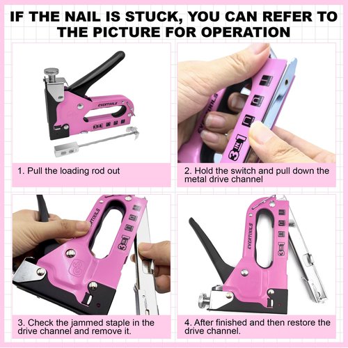 EVERTOOLS 3 in 1 Staple Gun, Women Pink Manual Stapler with 600 Staples, for Wood, Cable, Crafts, Fabric, Decoration, Carpentry, Furniture, Material Repair and DIY.