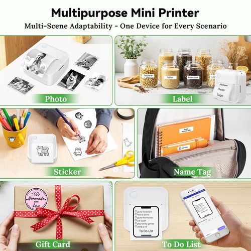 Miouca Label Maker Machine with Tape - Mini Sticker Printer Bluetooth Label Printer for Home Office Organization, Portable Thermal Sticker Maker Print Pod with Multiple Templates for Phone(White)