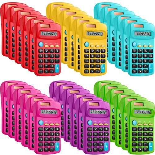 36 Packs Pocket Size Mini Calculator Basic Calculators for Handheld Angled Students 8 Digit Display Solar Battery Dual Power Small Calculator for Students Kids Home Office (6 Colors)