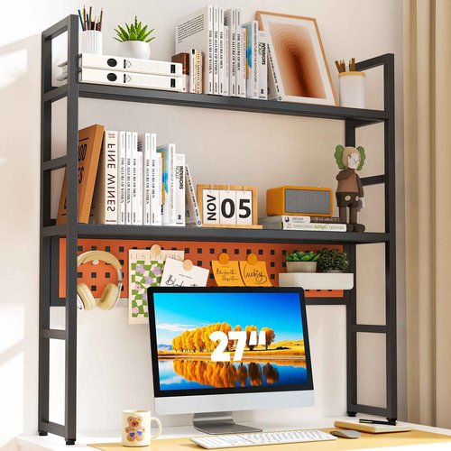 Brakki Desk Shelf, 35.43" Desk Hutch Bookshelf, Desktop Shelf with Pegboard for Computer Monitor, Metal Desktop Hutch Storage Organizer for Dorm Home Office, 2 Tier Bookcase, Black