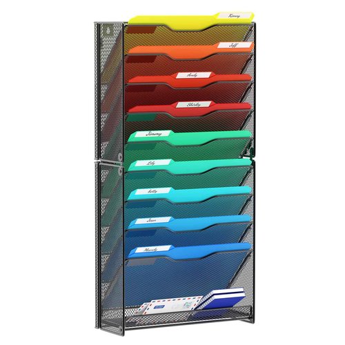 samstar 10 Tier Wall File Organizer, Hanging Wall Mount File Holder Paper Folder Mail Organizer, Mesh Metal, Black.