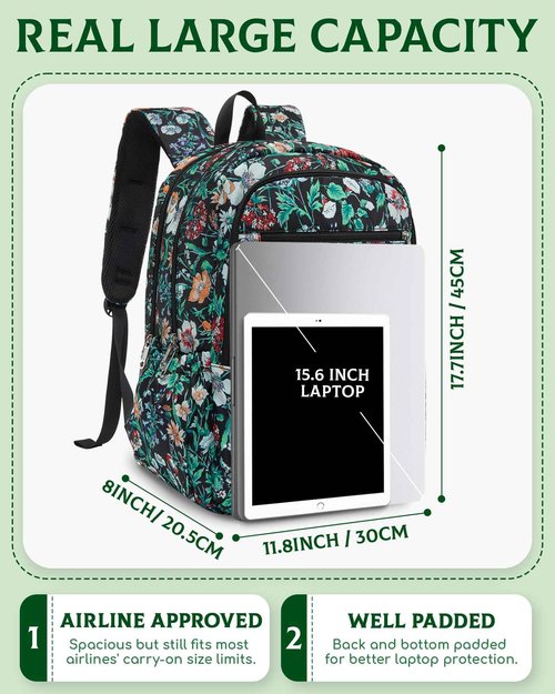 FOKDUVB Large Backpack for Women Backpack with Lots of Pockets for Travel Work School Bookbag with Laptop Compartment for High School College Girls Mochilas Morrales para Mujer (Green, Floral)