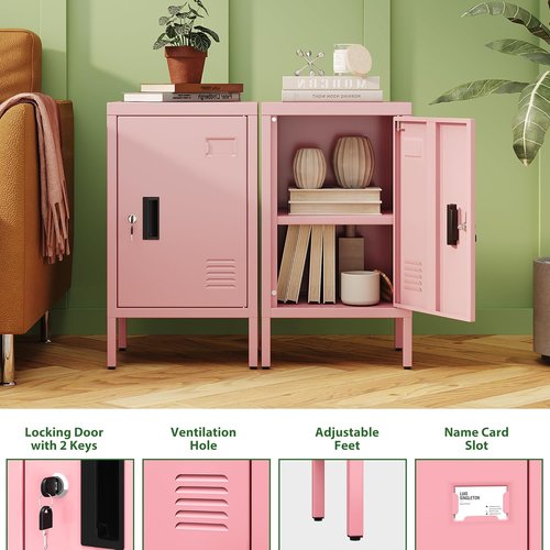 Aobabo 24.4" H Metal Locker Cabinet - Adjustable Shelves & Leveling Feet | Pink Nightstand for Home & Office