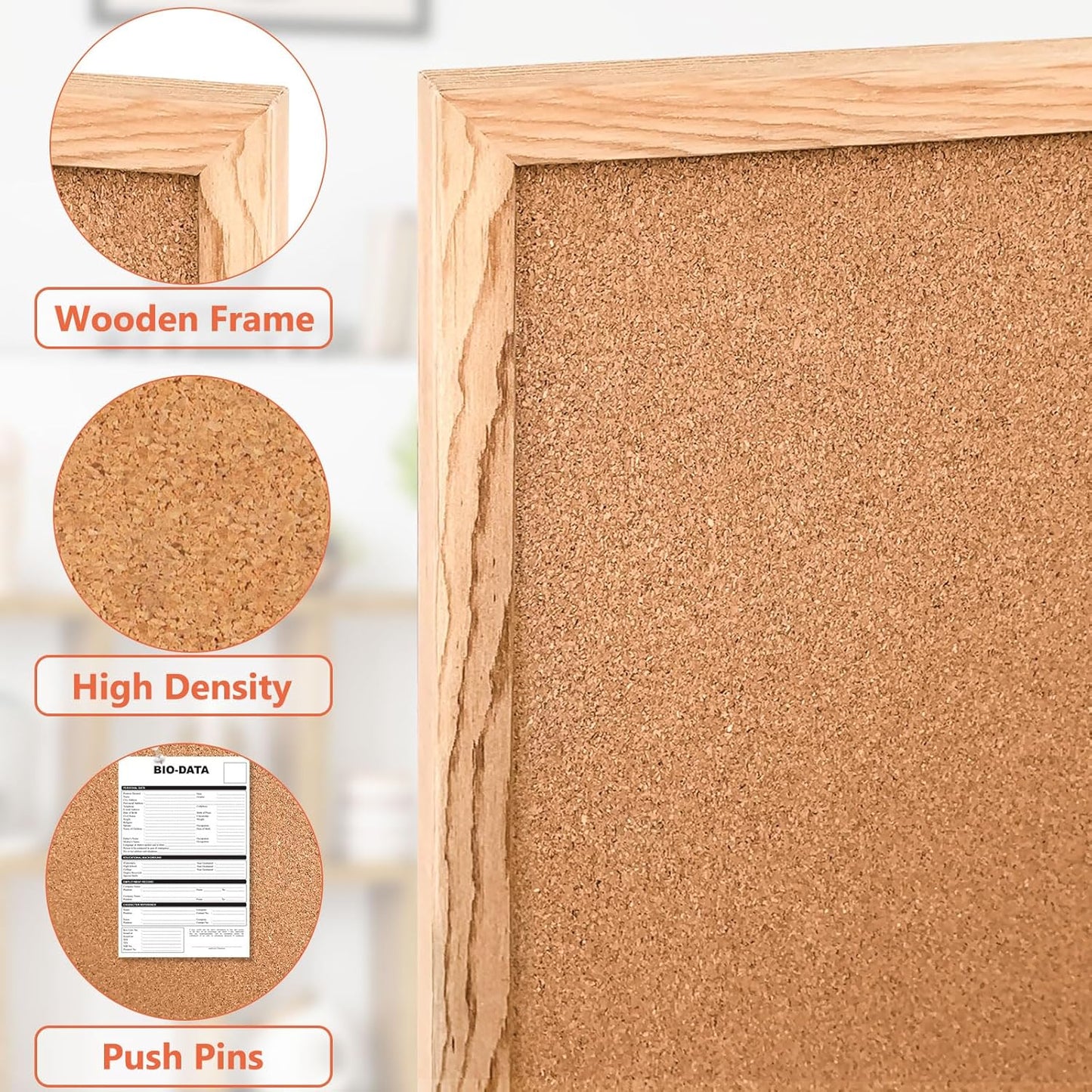 WALGLASS Cork Board - 36" x 24" Wooden Frame Bulletin Board for Home Office | Includes 10 Pins