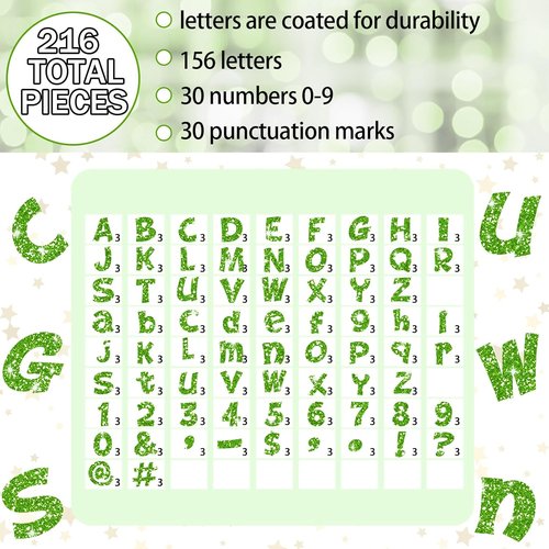 Colarr Glitter Bulletin Board Letters - 216 Pcs Die-Cut Alphabet & Symbols | 4'' Lime Green Decor