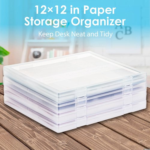 Scrapbook Paper Storage, 4 Pack Stackable Plastic File Storage Box Set, 12"x12"x1.1" Craft Organizer Storage, U-Shaped Locking Mechanism, Ideal for Office, Home, and School Document Organizer