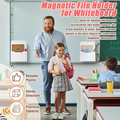 Epakh 6 Pack Magnetic File Holder Back to School Supplies Magnetic Paper Organizer Wall Mounted Mail Magazine Storage Pockets for Refrigerator, Whiteboard, Office, Classroom(White)