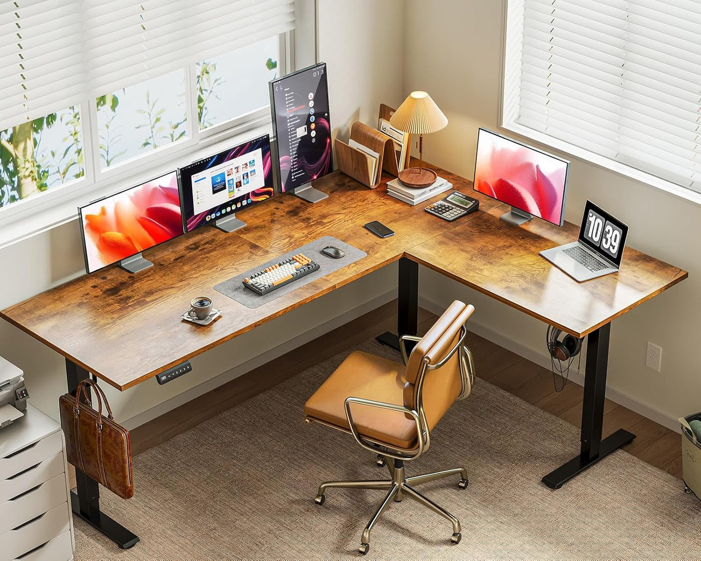 Casaottima 71-Inch Reversible Electric L-Shaped Standing Desk - Height Adjustable Ergonomic Workstation in Rustic Brown