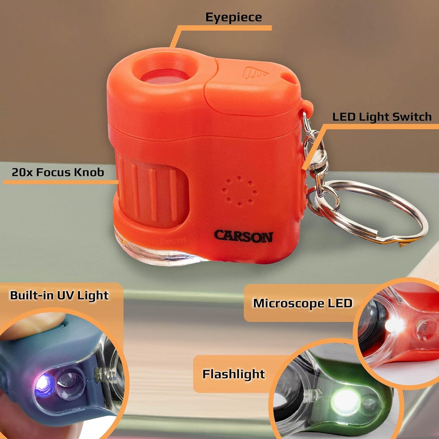 Carson MicroMini 20x Pocket Microscope - Lighted with UV & LED Flashlight, Orange (MM-280O)