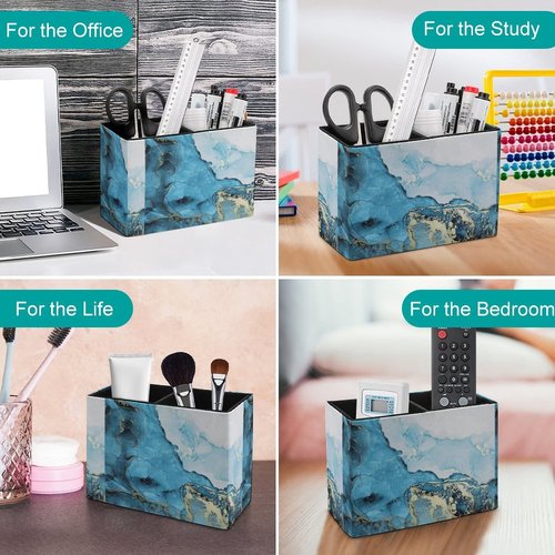 Niapessel Pencil Holder for Desk, Blue Marble Pen Holder Storage Desktop Pen Organizer Desk Pencil Organizer Makeup Brush Holder for Office School College Leather