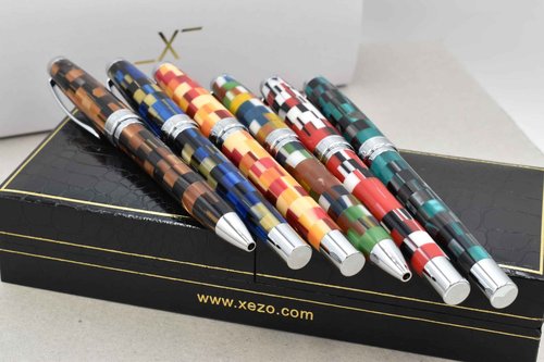 Xezo Urbanite Ballpoint Pen, Medium Point. Retro Blue, Black, and Cream Checkered Acrylic on Brass and Aluminium. Chrome Plated. Limited Edition and Serialized. No Two Alike