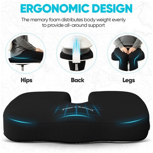 FORTEM Office Chair Cushion, Memory Foam Seat Cushion, Non Slip Sitting Pillow for Gaming, Car Seat, Computer Chair Pad, Sciatica and Tailbone Support, Washable Cover