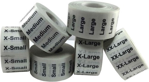 XS-XXL Clothing Labels – Clear Size Strip Stickers with Black Text, 1.25 x 5 Inch Labels, 750 Total Stickers (125 Each Size) for Retail Apparel, Clothing Organization, and Inventory – Made in The USA