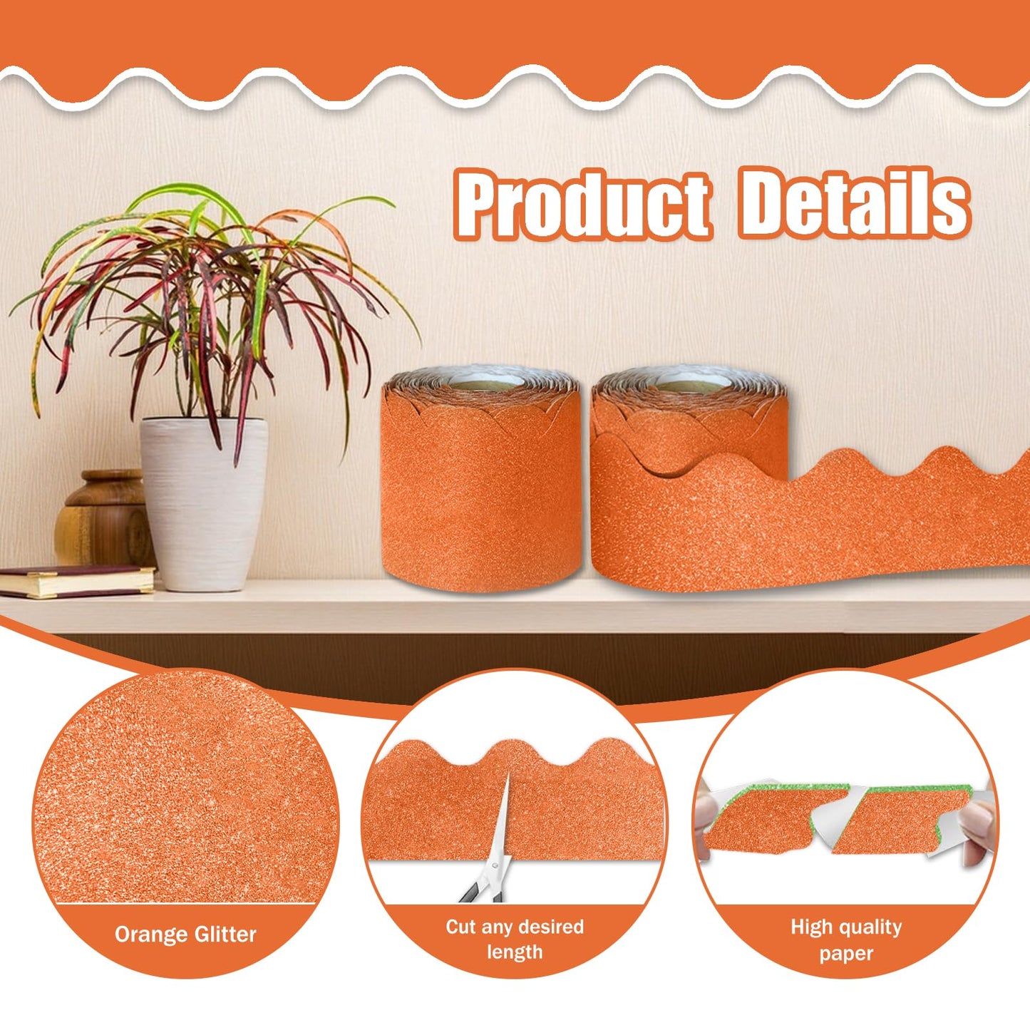 KAVOZM 70Ft Shine Orange Bulletin Board Borders，Scalloped Poster Boards Decorations Trim for Classroom, School, Office, Home, Wall Decoration Strips