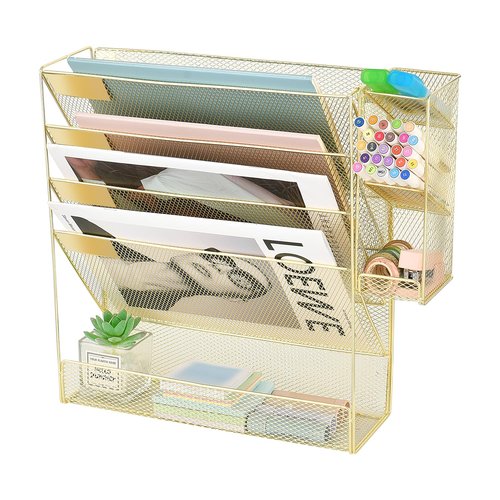 Spacrea Wall Hanging File Organizer, Gold Desk Organizers and Accessories, 5-Tier Mesh Wall Mail Organizer, Paper Document Magazine Rack with 3 Pen Holder for Office Home School