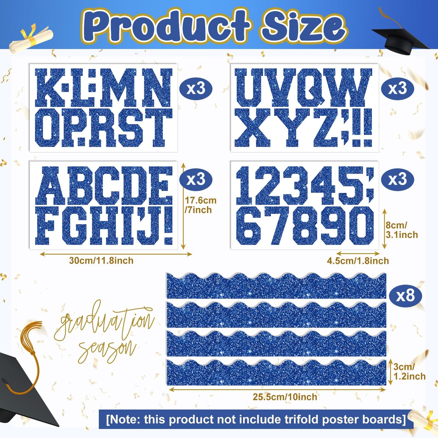FunooFuno Blue 175 Pcs Graduation Photo Display Board Sticker Glitter Border Trim Alphabet Letter Number for 2026 Grad Party Trifold Poster Photo Display Event Displays Bulletin Board