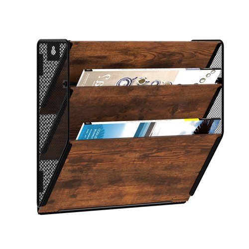 Senhoglb Metal Wall File Holder Organizer, 3-Tier Mesh Hanging Wall File Organizer, Magazine Rack with Pockets, Wood Document Holder for Office Home, Brown