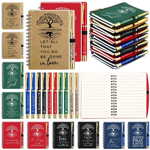 Sinload 60 Pcs/ 30 Set Christian Christmas Gifts Bulk Spiral Notebooks with Bible Pen Prayer Journal Bible Verse A6 Tree of Life Scripture Notepad for Religious Church Holiday (60, English Classic)