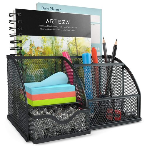 Arteza Mesh Metal Office Desk Organizer with Drawer, 6-Compartment Multi-Functional Design Holds Office Supplies & Accessories Like Pens, Pencils, Notes, Staplers & Scissors (Black)