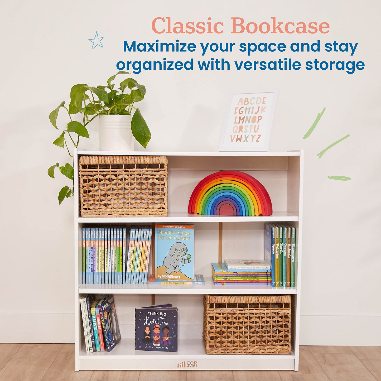 ECR4Kids Classic Wooden Bookcase with Adjustable Shelves, 36in, Classroom Bookshelf, White Wash