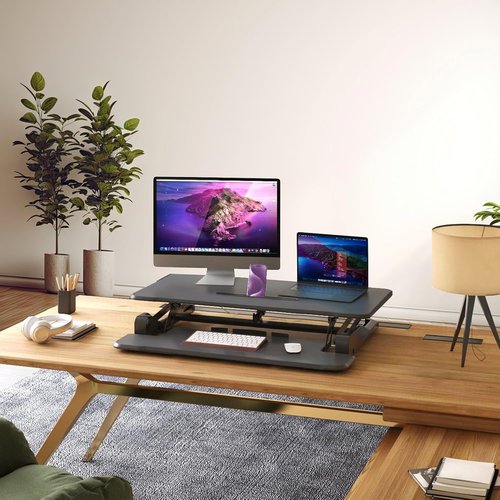 Mount-It! Electric Standing Desk Converter - 35.4" Ergonomic Sit-Stand Riser with USB Charging Port - Black