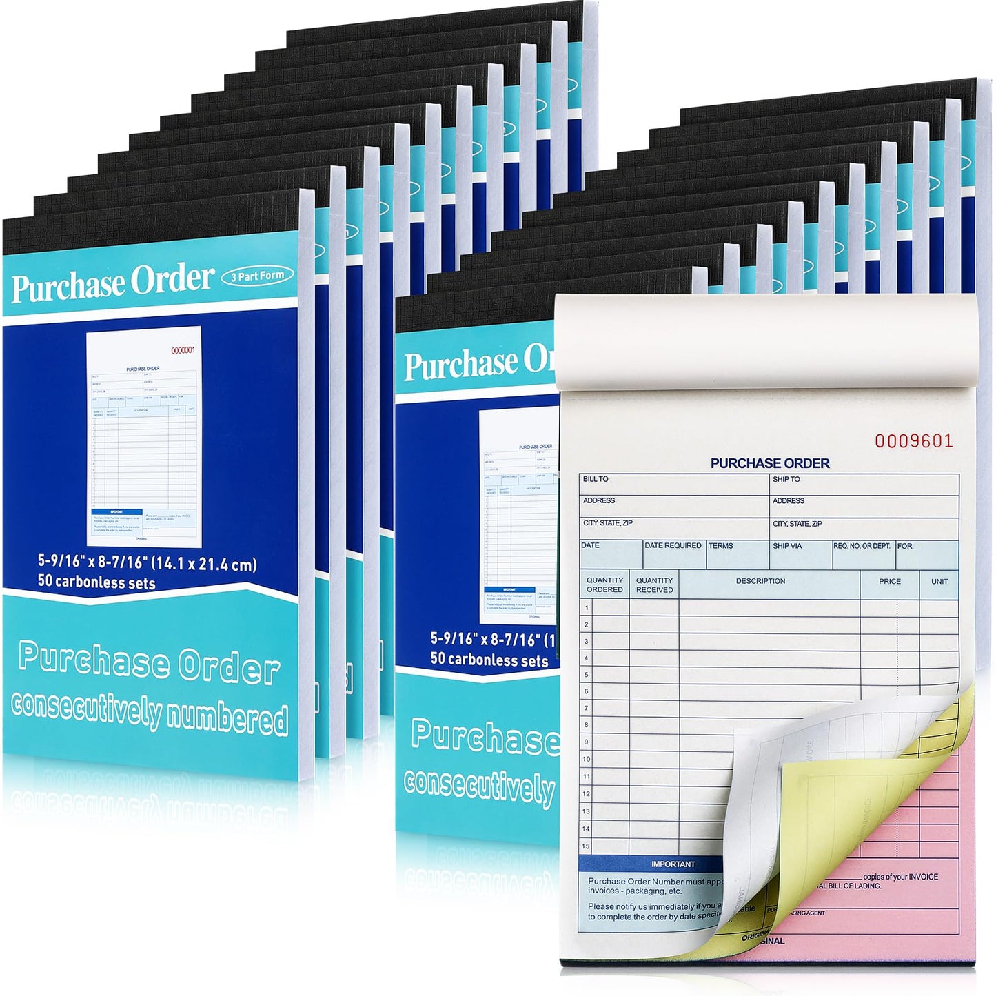 Lincia 20 Pack Purchase Order Book 3 Part Carbonless Purchase Order Forms for Small Business with Carbon Copies Cover, 50 Sets Per Book, 8.4 x 5.5 Inch