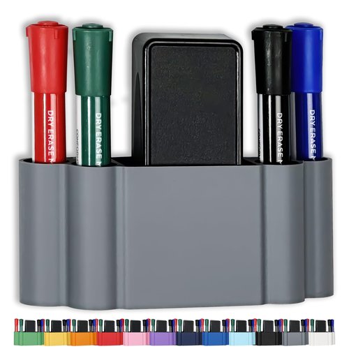 Glassboard Studio Magnetic Dry Erase Marker Holder - Super Strong for Magnetic Glass Whiteboard or Fridge - 2 Large Neodymium Magnets - No Slip Grip - Eco-Friendly PLA Plastic (Steel Gray, KIT)