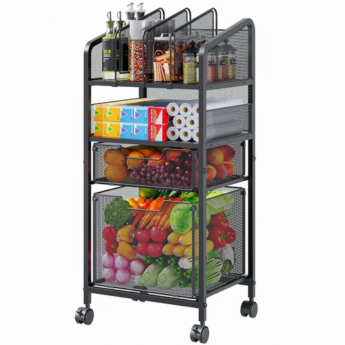 4-Tier Rolling Kitchen Storage Cart-Fruit Vegetable Storage Cart with 2 Drawers,Pantry Organizer Snack Containers with Wheels,Kitchen Utility Cart with DIY Divider for Fruits Vegetables Snacks Breads
