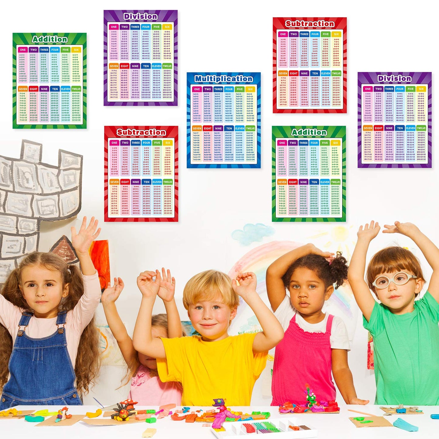 Outus 4 Pack Extra Large Educational Math Posters, Multiplication Chart Times Tables Chart 17 x 22 Inch Division Addition Subtraction Posters for Kids, Elementary Middle School Classroom