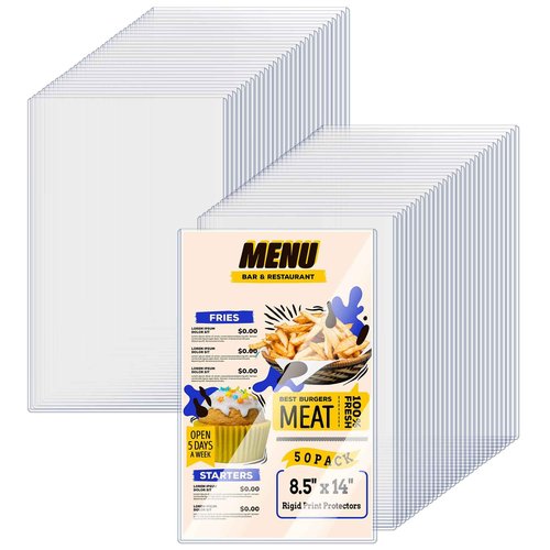 AKONEGE 50PCS Menu Covers 8.5" x 14" Rigid Print Protectors Clear Plastic Page Sheet Protectors for Legal Size Paper, Top Loading Hard Plastic Paper Sleeves for Poster Document Photo Birth Certificate