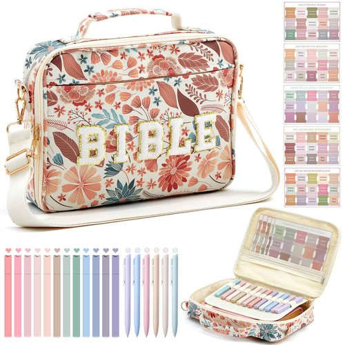 Sinload Large Bible Cover Case for Women, Bible Study Supplies 12 x 9 x 2.5 Chenille Letter PU Leather with Tabs Gel Pen Highlighters with Strap Back to School Supplies Christian Gifts for Girl