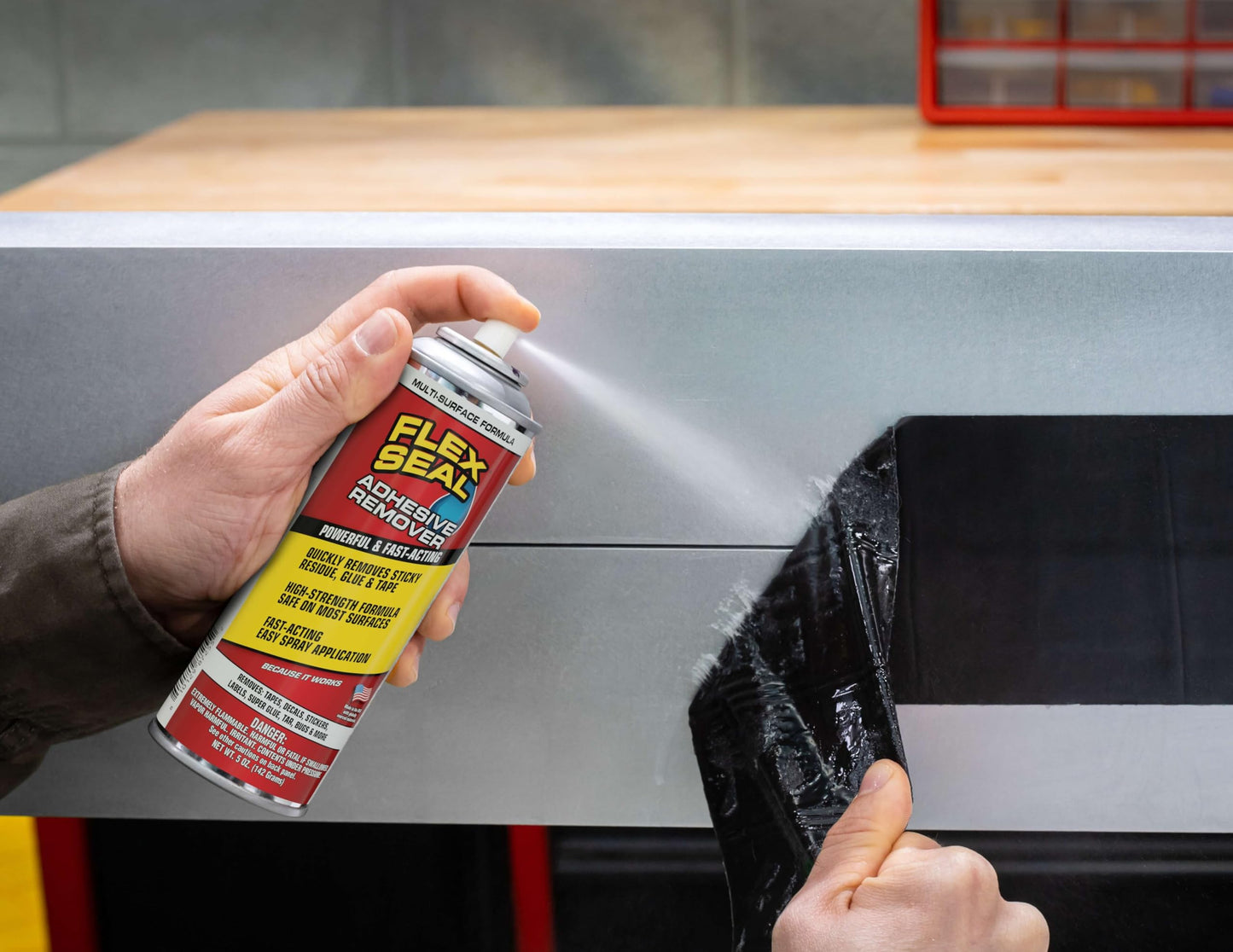 Flex Seal Adhesive Remover Spray, Heavy Duty Multi-Surface Residue Cleaner for Stickers, Labels, Decals, Tape & Super Glue; Safe on Glass, Plastic, Metal, Painted Finishes, Sealed Wood, 5 oz, 1-Pack