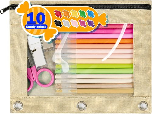Forvencer Large Pencil Pouch - Clear Window Design with 3 Reinforced Grommets | Beige Binder Accessory