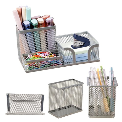 GATUSOO 4 Pcs Set Mesh Pen Holder for Desk Pencil Holders, Desk Organizer Office Supplies Caddy - Sticky Notes, Cards, Phones, Stationery Holder for Office School Home (Silvery)