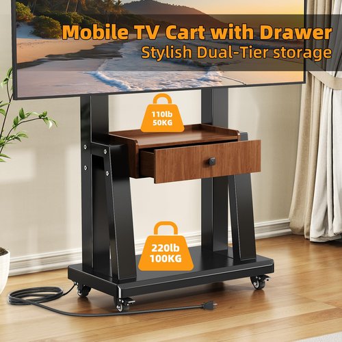 Rolling TV Cart with Power Outlet, Mobile TV Stand with Drawer and Wheels, Height Adjustable Mobile TV Cart for 23-75 inch,Screen Up to 150lbs,TV Stand for Bedroom,Indoor,Outdoor (Walnut)