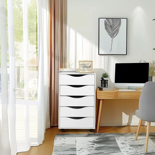 QDSSDECO 5 Drawer Chest Wood File Cabinet Rolling Storage Dresser with Wheels for Home Office, White