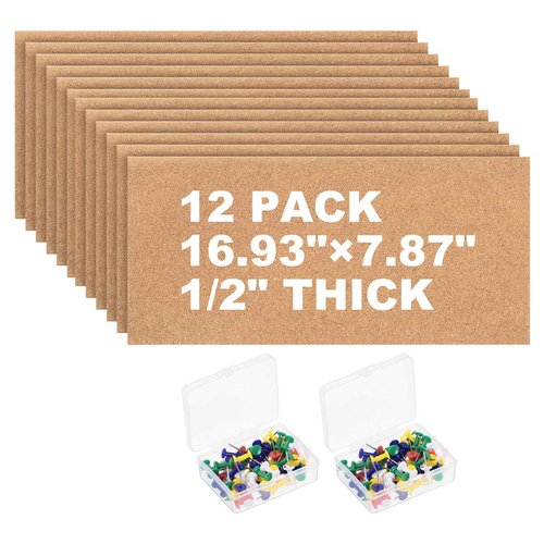 PATIKIL 17" x 8" Cork Board Tiles, 12 Pack Square Cork Board Bulletin Board, 0.47" Thick, Small Square Pin Board with Self Adhesive and Push Pin Wood Clips for Wall, Home & Office