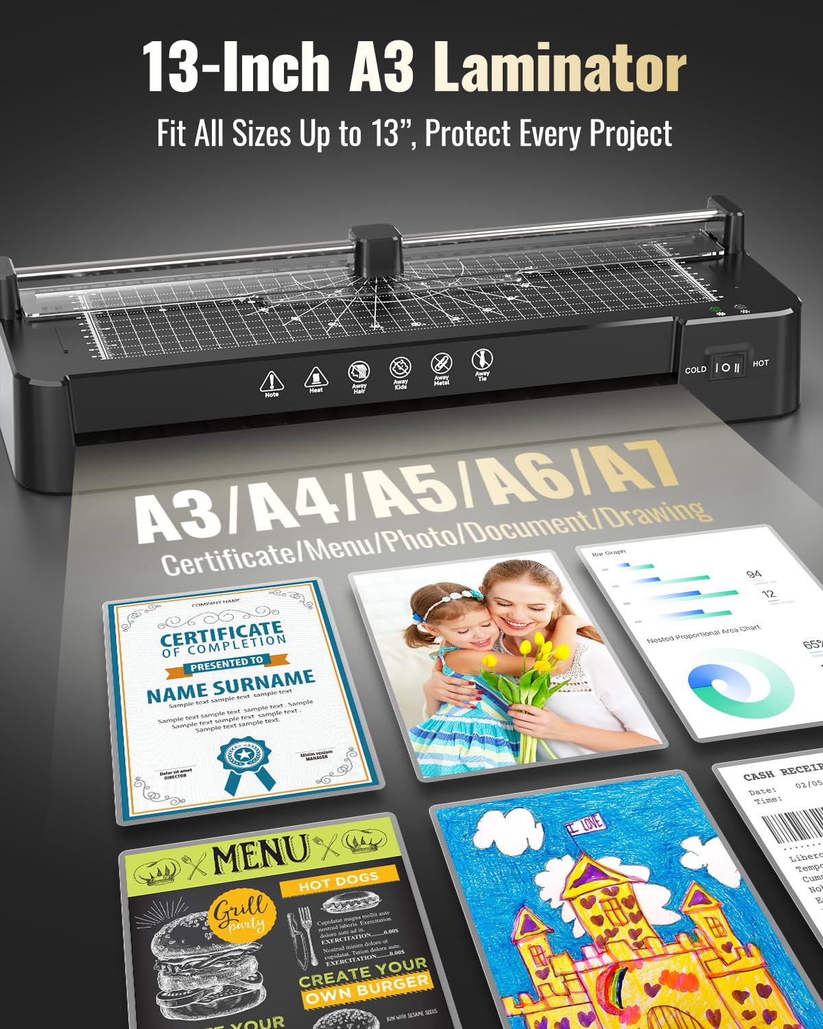 13 Inch Laminator Machine with Sheets 50pcs, Paper Trimmer Corner Rounder Scale Line, NTC Control 11x17 ABS Anti-Jam Dual Hot Cold Mode 90s Preheat Laminating Machine for A3A4A5A6 Teacher Home Office