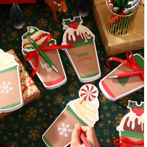 Zhanmai 96 Pcs Christmas Sticky Notes with Ballpoint Pens and Ribbons Christmas Themed Gifts Cute Coffee Cup Die Cut Memo Note Pad Red Green Ballpoint Pen for School Office Home Present