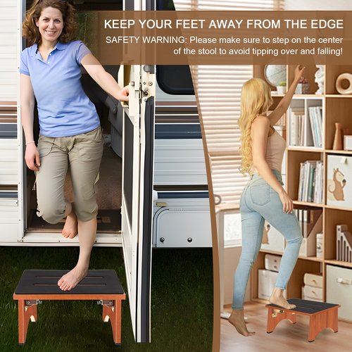 Step Stool Foldable, Wooden Step Stool with Non-Slip Rubber Stepping Feet, Folding Platform Step Stools for Adults Seniors in Kitchen, Home, Bedroom, Office, Rv, Easy to Carry,450 LBS Capacity (Brown)